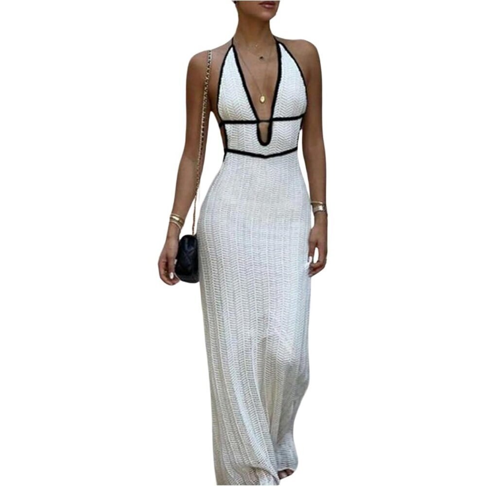 Women’s Knit Maxi Dress Boho Halter Open Back Long Vacation Wedding
